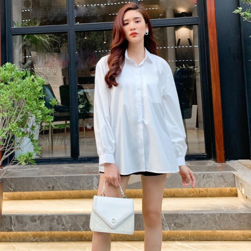 Áo sơ mi unisex nữ đen trắng dài tay form rộng,  sơ mi nữ công sở dáng suông-ASM08 | BigBuy360 - bigbuy360.vn