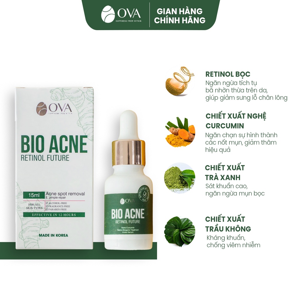 Serum chấm mụn trứng cá làm mờ giảm thâm Ova Bio Acne lọ 15ml made in korea, bio retinol kiềm dầu dưỡng ẩm da mặt, đầu.