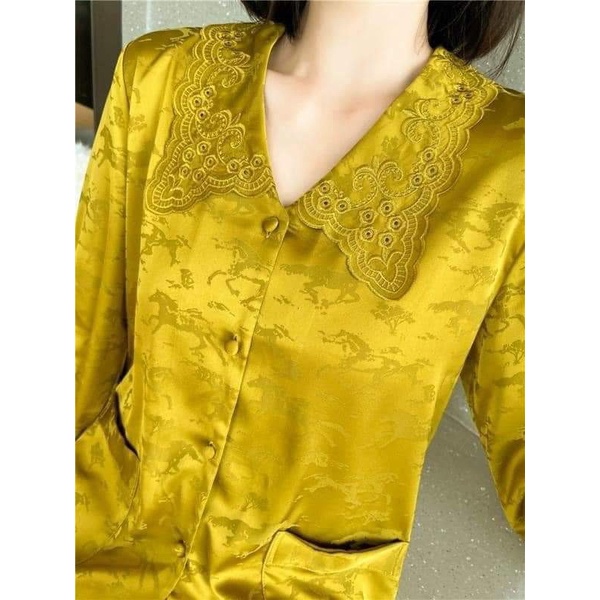 Đồ bộ pijama - bộ lụa mặc nhà gấm phối latin thêu siêu sang