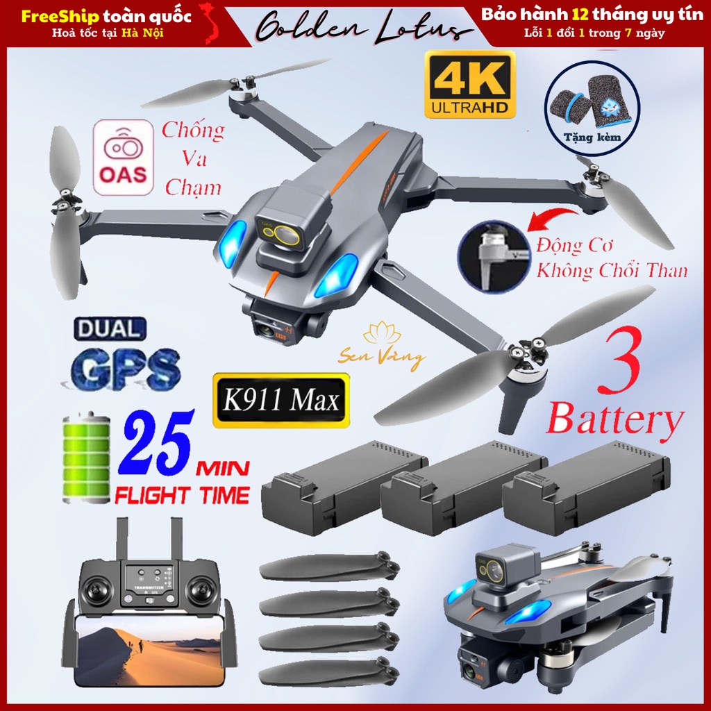 Flycam Mini Drone Camera 8K K911 Max GPS, Động Cơ Không Chổi Than, Cảm Biến Xoay 360, Bay 25 Phút