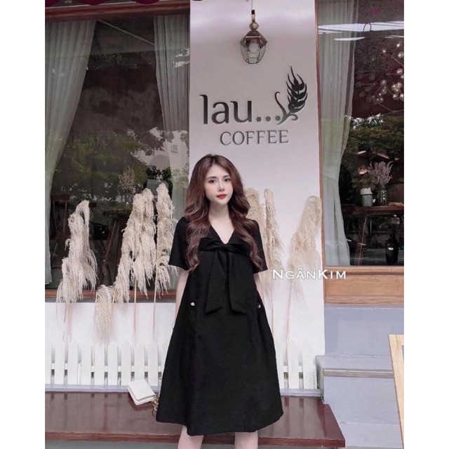 Váy suông đính nơ 2 túi xinh xắn 2 màu chất đũi