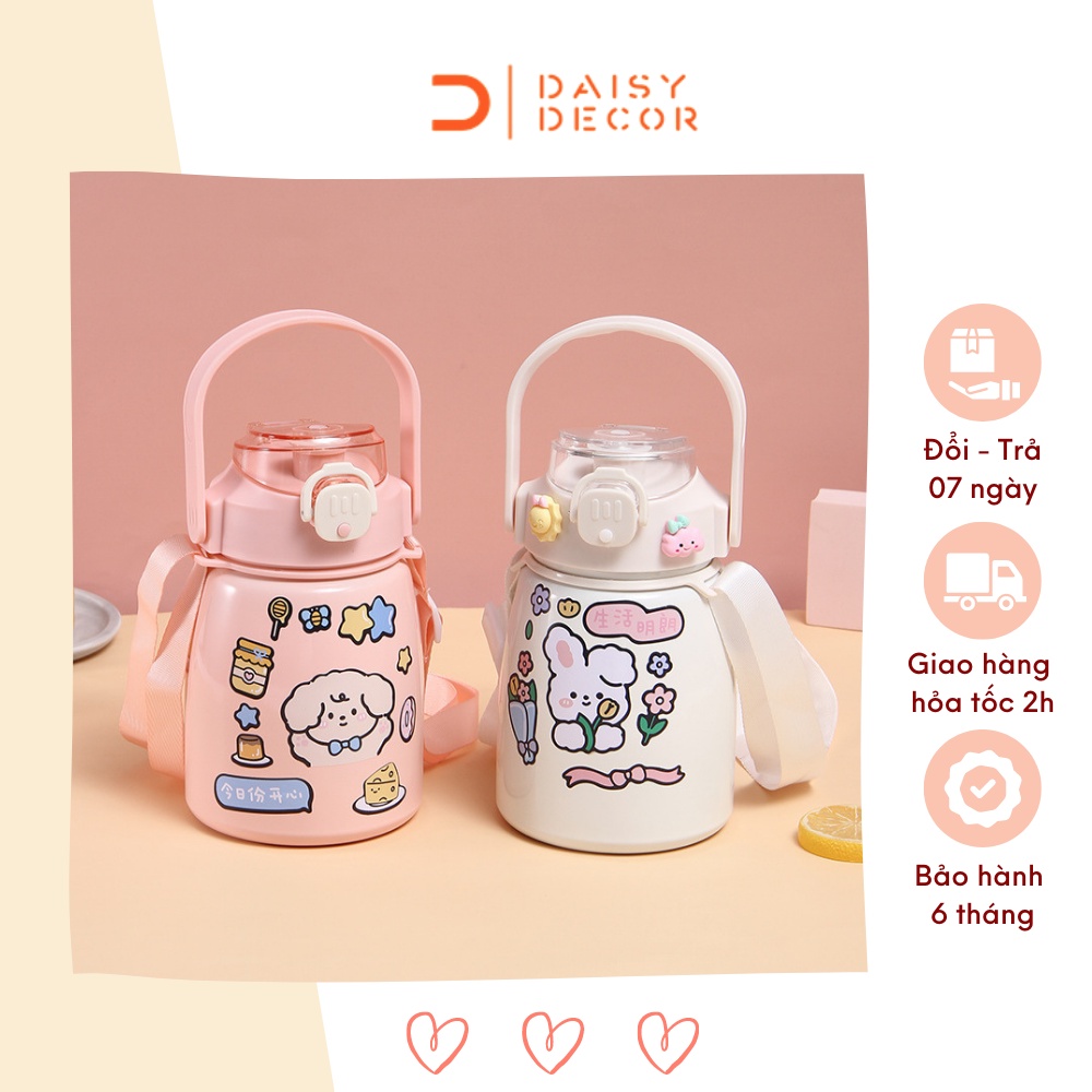 Bình giữ nhiệt cute inox 304 1000ML Daisy Decor bình nước cho bé - có dây đeo và sticker 2D