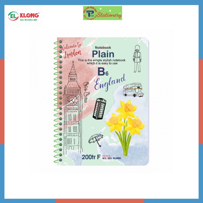 Sổ lò xo đơn Klong ruột trơn Plain khổ B6 - 200 trang; MS 985
