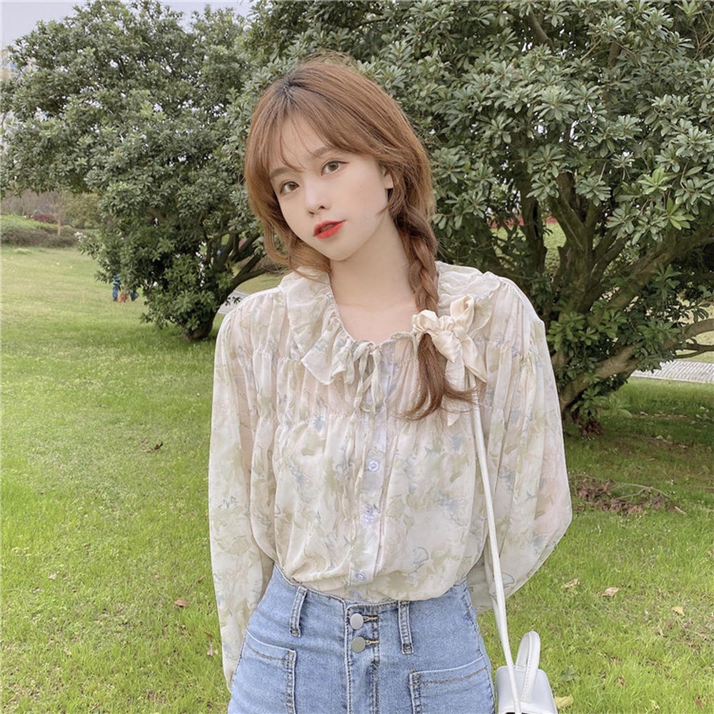 Áo Sơ Mi Tay Dài Cổ Buộc Dây Họa Tiết Hoa Ngọt Ngào Dành Cho Nữ 50180