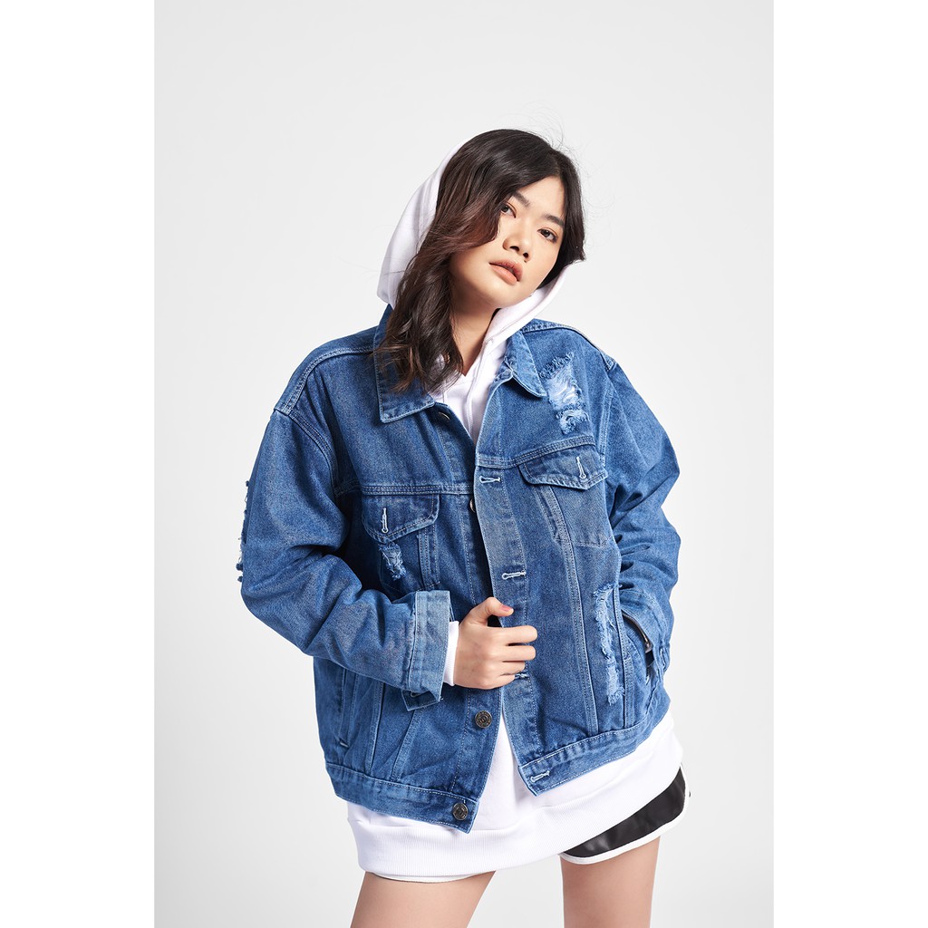 Áo khoác jeans rách xanh đậm BLMDE