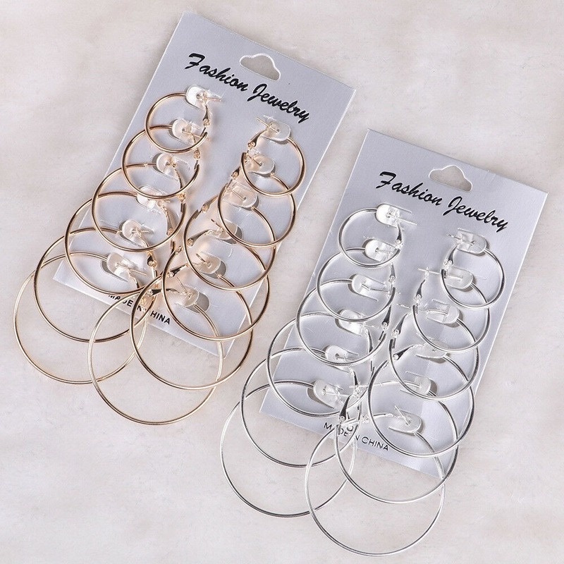 Set 6 Đôi Khuyên Tai Hình Tròn Nhiều Kích Cỡ Thời Trang Âu Mỹ