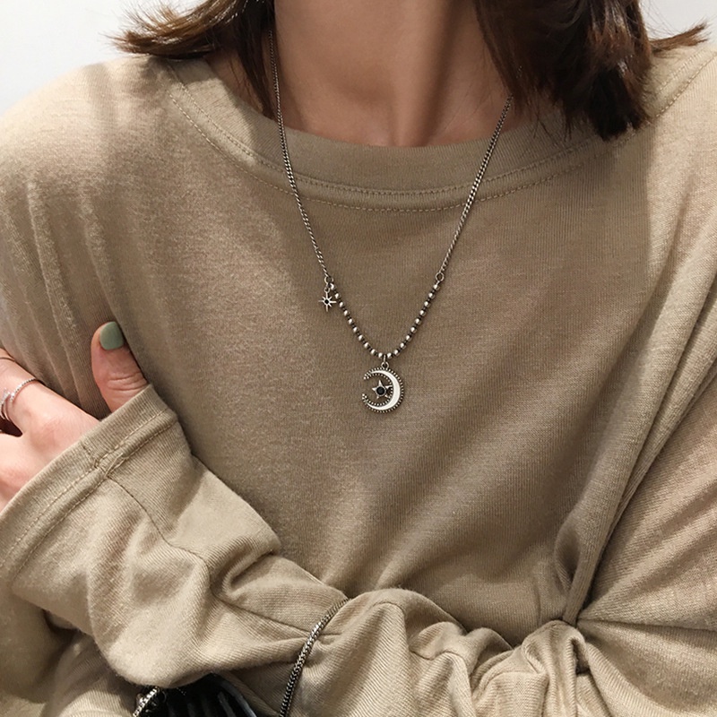 Dây Chuyền Bạc Sterling Hình Ngôi Sao Mặt Trăng Thời Gian Cổ Điển Phong Cách Hip Hop Hàn Quốc ins Dành Cho Bạn Nữ