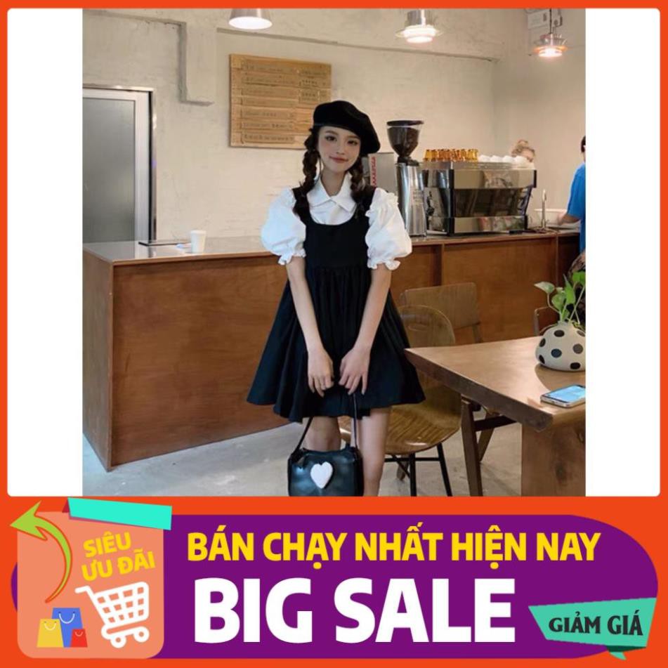 Đầm Yếm Nữ Đen Phối Màu Cộc Tay ,Váy Yếm Nữ Có Cổ Dáng Lỡ Chất Đũi