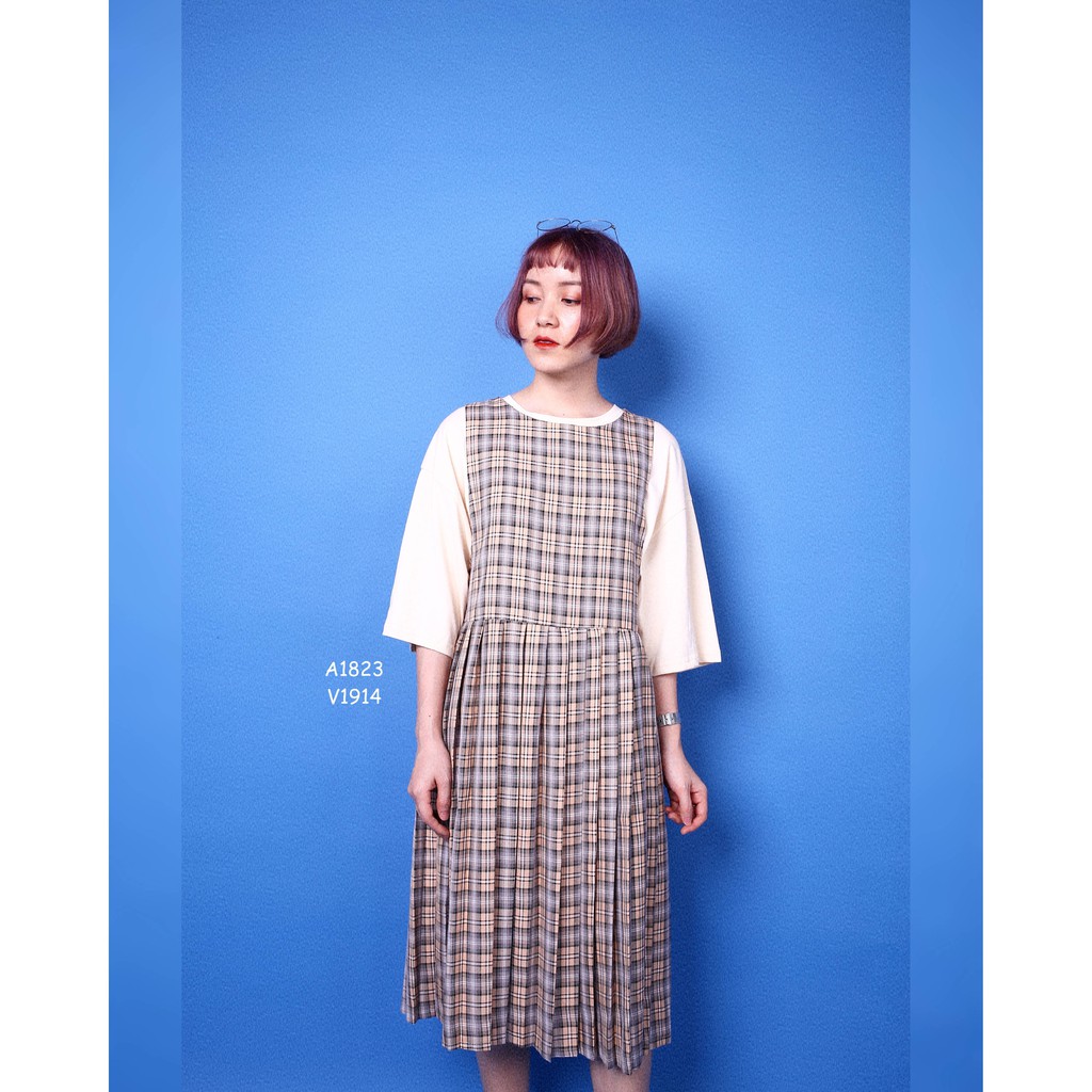 Váy liền kẻ caro, Minion Clothing dáng xoè, xếp li, đầm phong cách Ulzzang Streetwear Hàn Quốc V1914