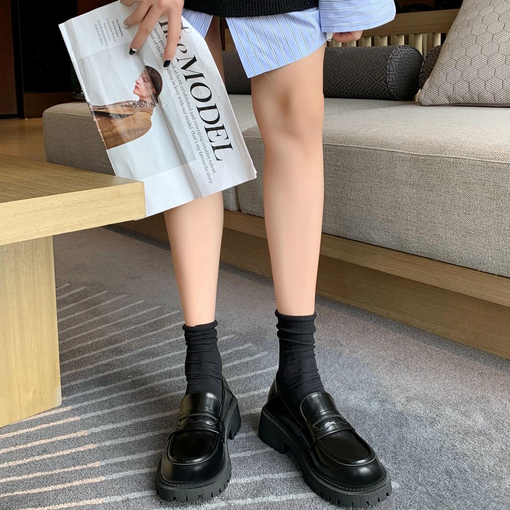 Giày lười da đế dày tăng chiều cao 4cm phong cách Anh Quốc thời trang 2021 cho nữ