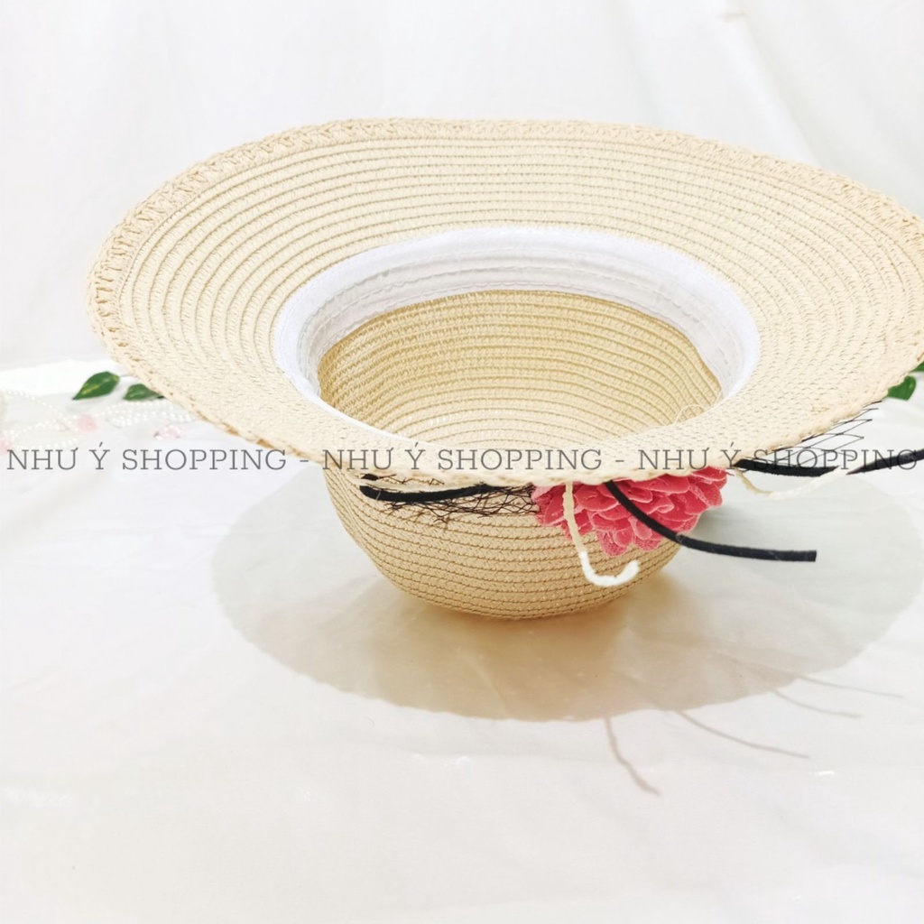 Nón cói,mũ cói nữ đi biển vành nhỏ hoa dập ly kết lưới thần thái ngút ngàn-q12 hoa m.hồng