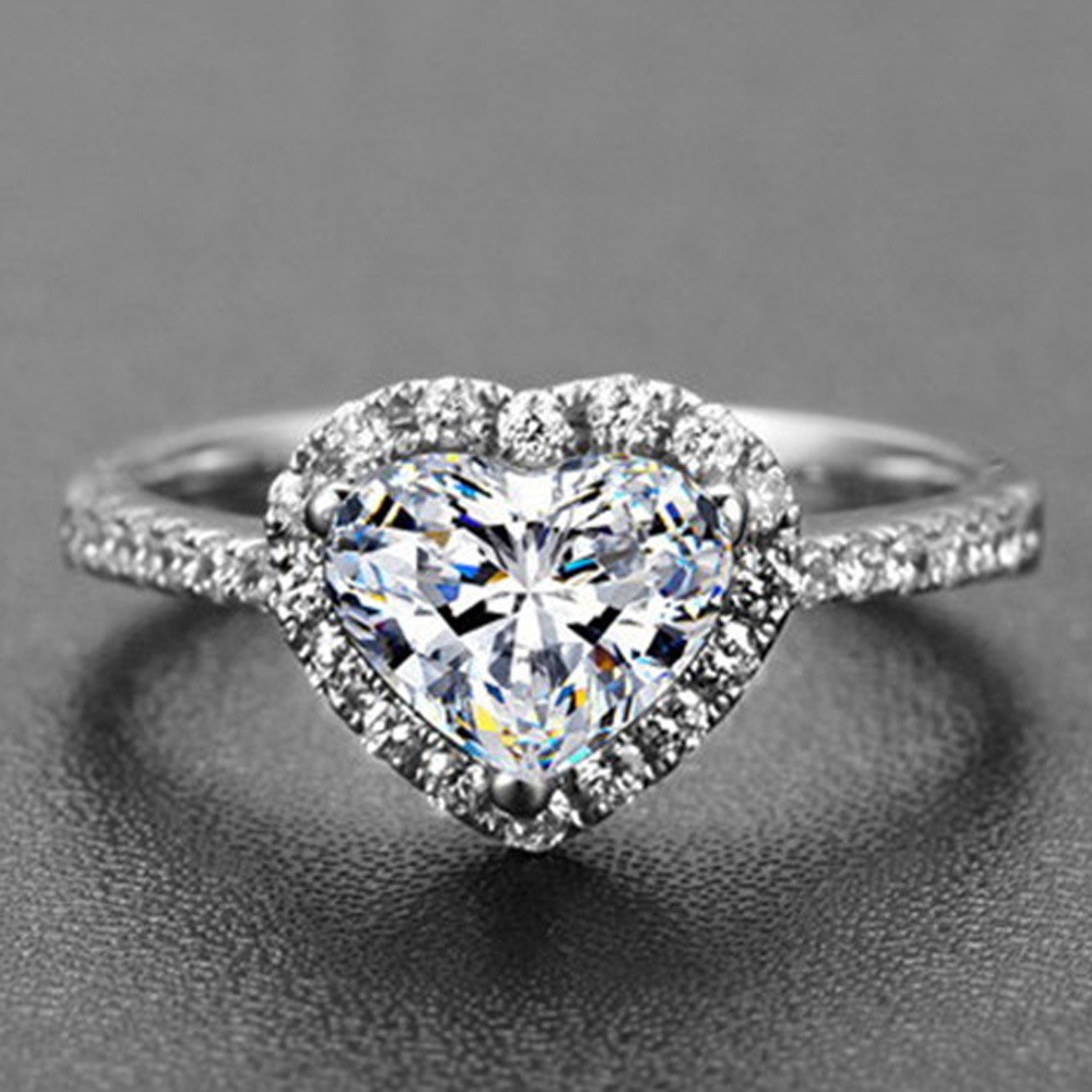 Nhẫn mạ bạc nữ mặt trái tim đính kim cương lấp lánh quý phái