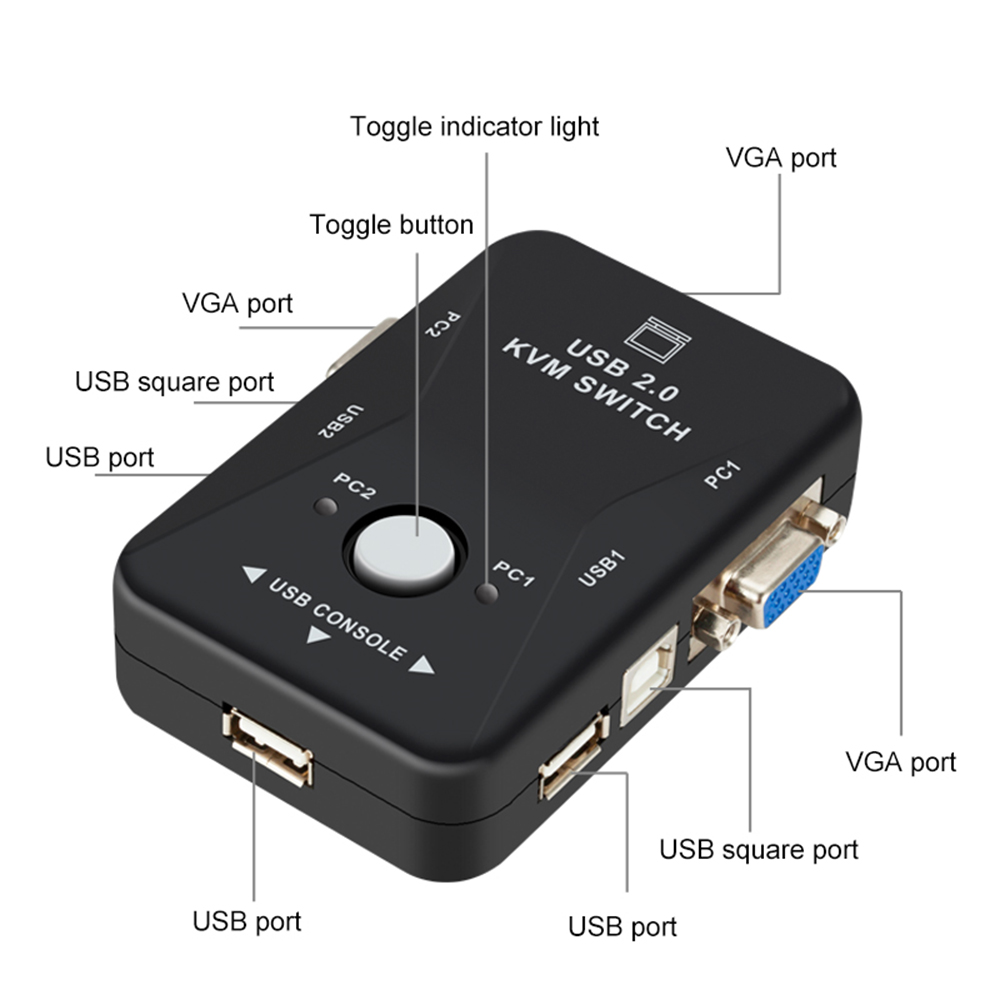 AUGUSTINE PC Computer KVM Switch 1080P Splitter Box Switcher 1920*1440 2 In 1 Out Video Mouse Keyboard USB 2.0 2-Port Monitor Adapter/Multicolor