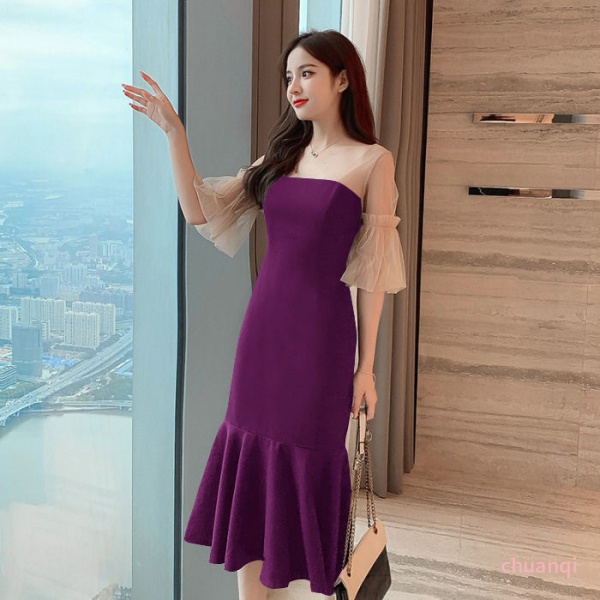 Đầm Đuôi Cá Tay Ngắn Phồng Cổ Vuông Màu Đen Phối Ren Phong Cách Pháp Thời Trang Cho Nữ