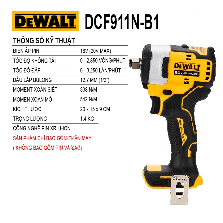 {Bảo hành chính hãng 36 tháng) Máy siết bu lông dùng Pin 20V max DeWalt DCF911N-B1
