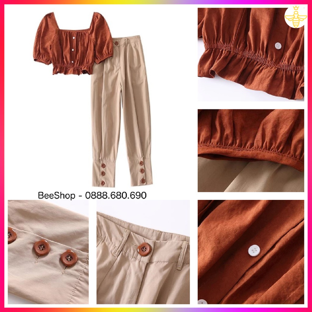 Set Quần Kaki Ống Bó Áo Croptop Bánh Bèo - BEE - Mẫu Mới Cập Nhập 2 Màu Nâu Trắng - Tiểu Thư Sang Chảnh