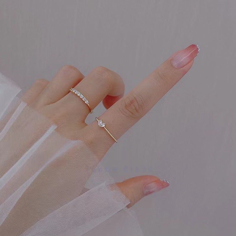 Ahellogirl Set 2 Nhẫn Hình Trái Tim Đính Đá Zircon Phong Cách Hàn Quốc Cho Nữ
