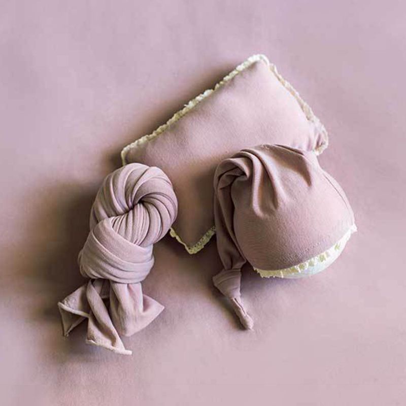Set 3 Món Gồm Khăn Quấn Đuôi Thắt Nút + Mũ Cotton Mềm + Gối Dùng Làm Phụ Kiện Chụp Ảnh Cho Bé Sơ Sinh