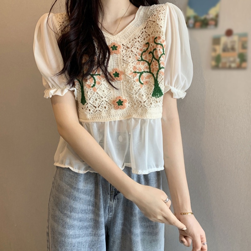 Áo Kiểu Chiffon Tay Ngắn Phồng Cổ Chữ V Thêu Họa Tiết Hoa Thời Trang Mùa Hè Cho Nữ
