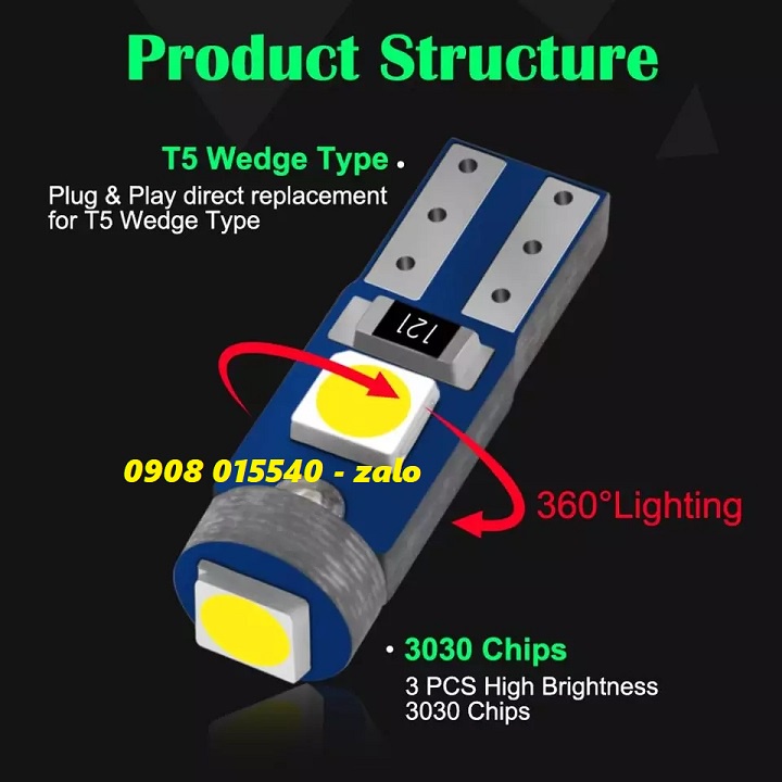 [Vin Store] - 1 BÓNG đèn led T5 3SMD 3030 gắn mặt đồng hồ, báo số xe máy DC12v