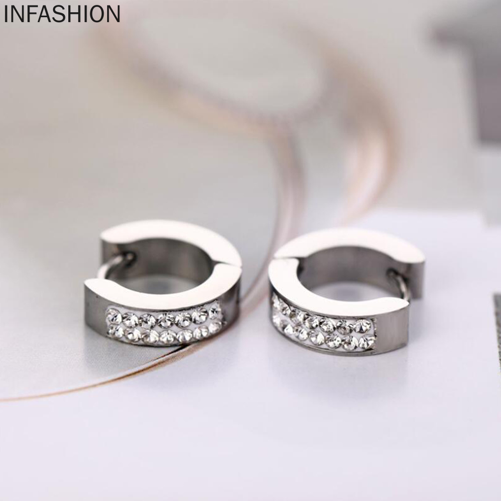 1 Đôi Bông Tai Tròn Đính Đá Bằng Thép Không Gỉ Cho Nữ