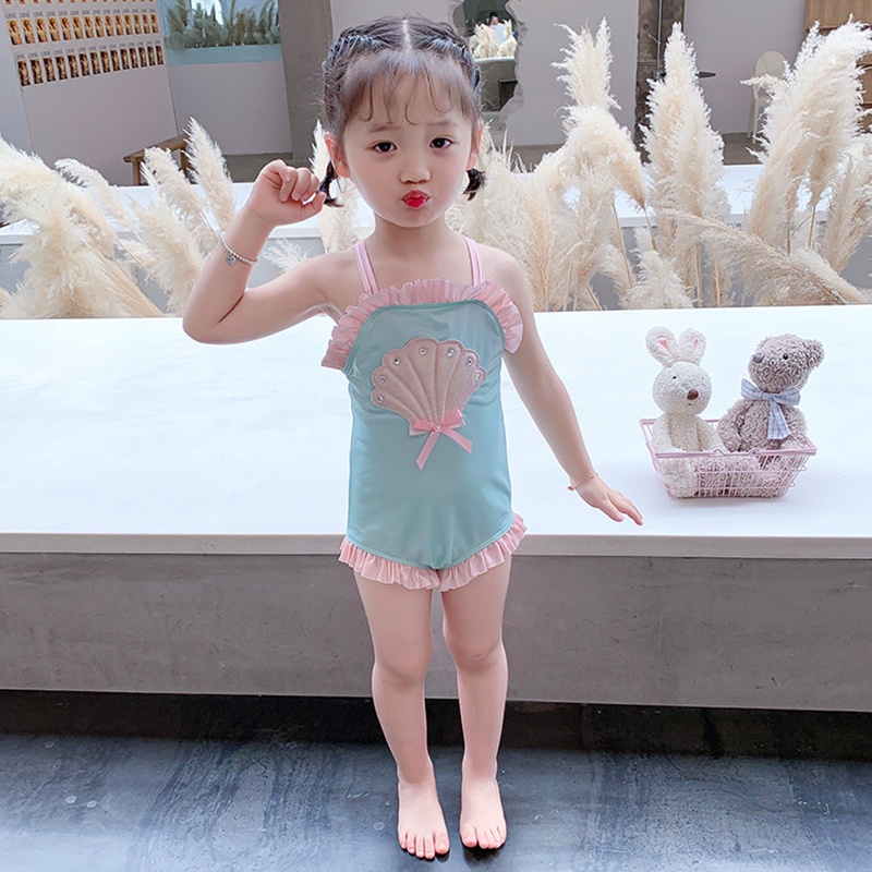 Bộ Đồ Bơi Phối Ren Thêu Hình Vỏ Sò Dễ Thương Cho Bé Gái