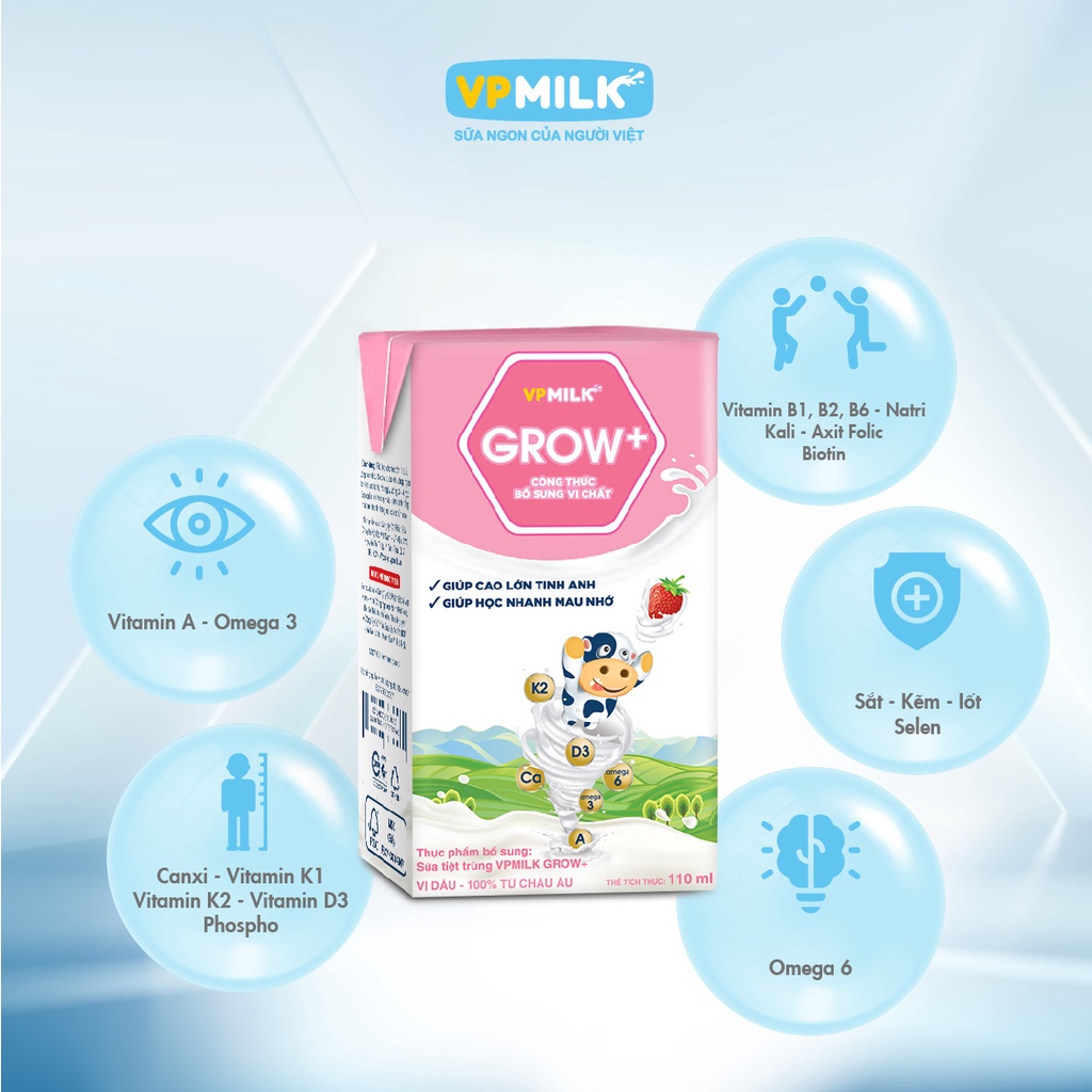 Sữa tiệt trùng có đường VPMilk Grow+ hộp 110ml (thùng 48 hộp)