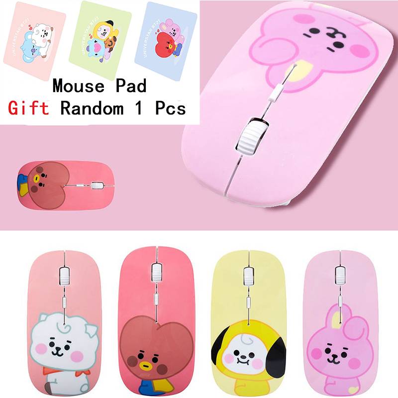 Chuột ko dây yên tĩnh họa tiết CHIMMY COOKY RJ TATA BTS BT21 2021 dễ thương hỗ trợ USB cho máy tính/laptop táo