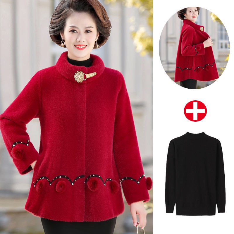 Mẹ mới quần áo thu đông lông chồn nhung phong cách nước ngoài ngắn 40 tuổi 50 phụ nữ trung niên và cao len quý phái