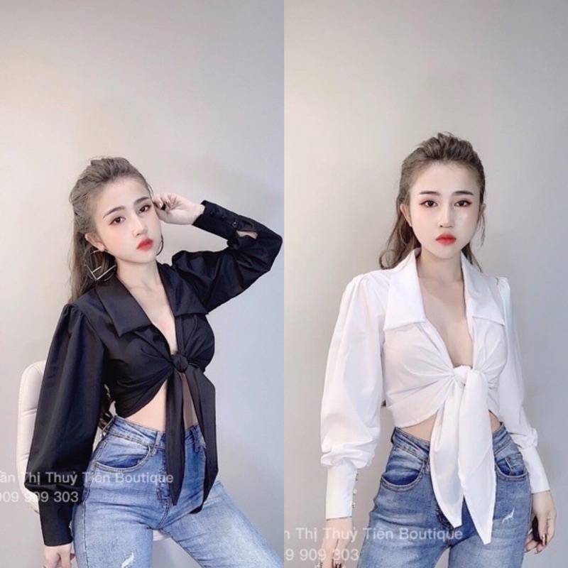 Áo phi lụa croptop cổ bẻ cột nơ trước dễ thương