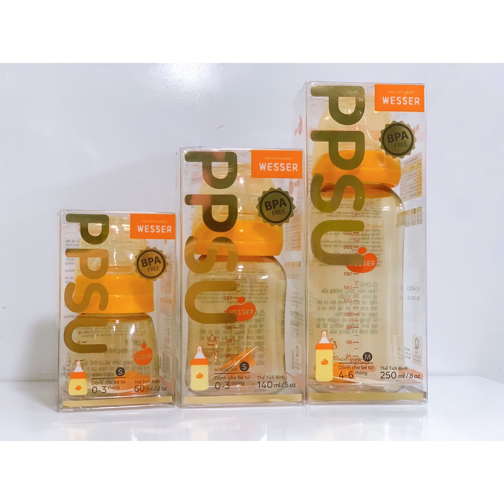 Combo quà tặng cho bé - Bình sữa Wesser PSUU cổ hẹp 60ml 140ml 250ml