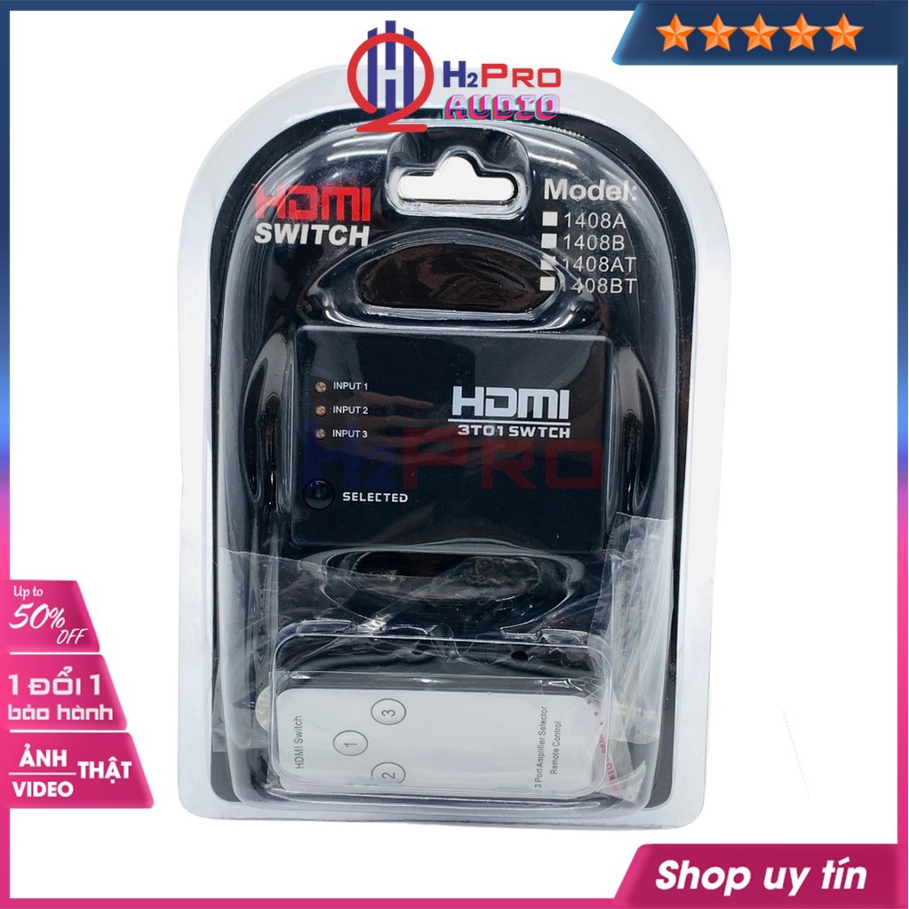 Bộ gộp HDMI 3 vào 1 ra, hdmi 3 in 1 out cao cấp, chất lượng cao 2K-4K, có điều khiển, tặng dây IR hồng ngoại-H2pro tech