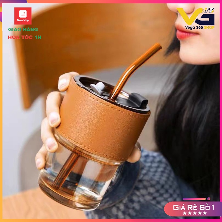 Cốc Thủy Tinh Uống Nước, Cốc giữ nhiệt có ống hút kiểu mới, dung tích 450ml Vega365