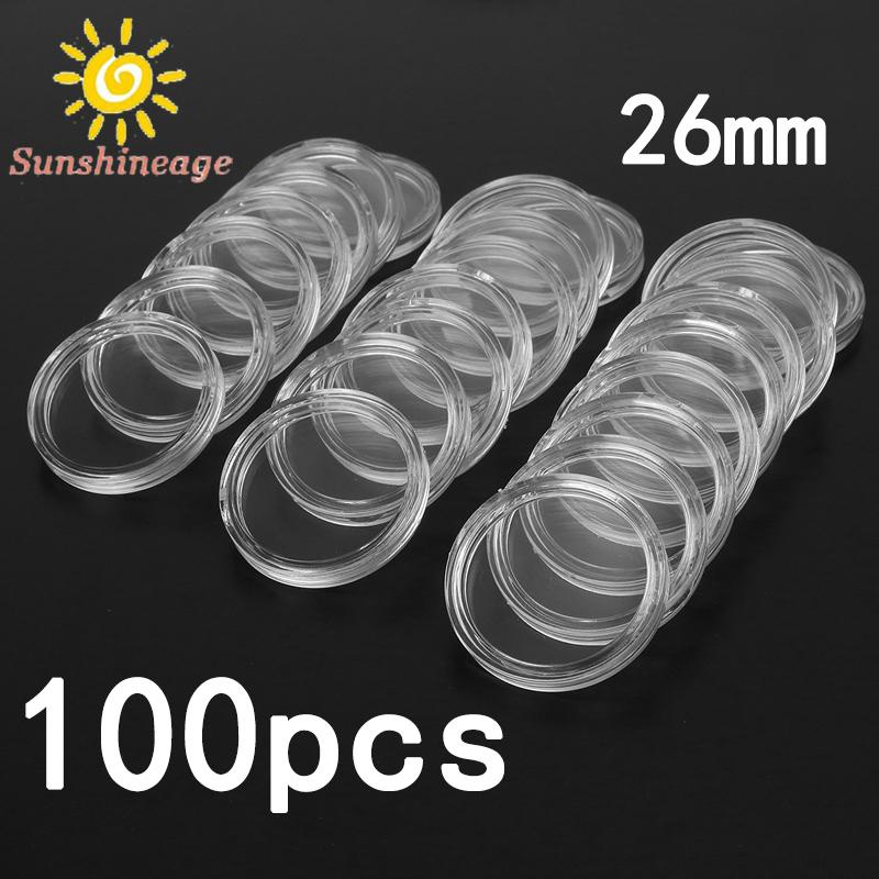 100Pcs 26mm Transparent Round Plastic Coin Container Capsule  Containers Storage Boxes Case