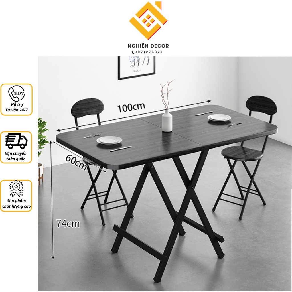 Bàn ăn gấp gọn KT 100*60cm tặng kèm 2 ghế, bàn gỗ góc cạnh bo tròn an toàn cho gia đình, tối ưu không gian sống