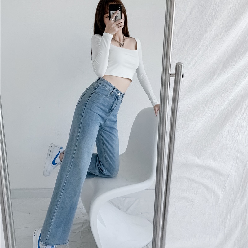 SUXI Quần jean dài ống rộng lưng cao dáng ôm phong cách Hàn Quốc cổ điển dễ phối đồ dành cho bạn nữ