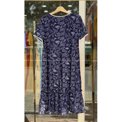 [HANNA] Đầm bầu công sở voan mát mùa hè dài qua gối  có size 40-80kg vải 2 lớp mềm mát không nhăn có túi bên sườn