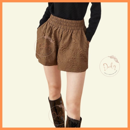Quần Short Nữ Ống Rộng Phồng Nhẹ Dập Nổi In Hoa 3D Cạp Chun Cao Sang Chảnh Daily