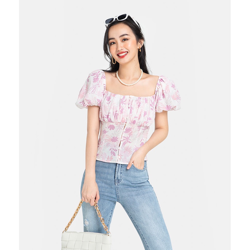 Áo kiểu nữ tay phồng HNOSS form ôm thiết kế nhún ngực tay phồng HNAKI037