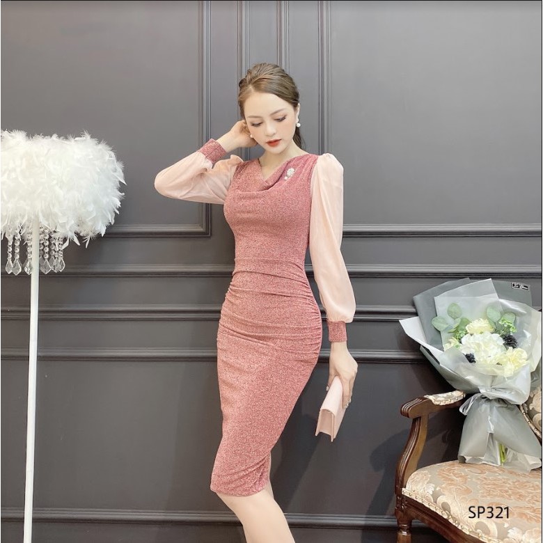 CRYS Đầm nhũ phối tay tơ tag đá, đầm body dự tiệc sang trọng SP321 | BigBuy360 - bigbuy360.vn