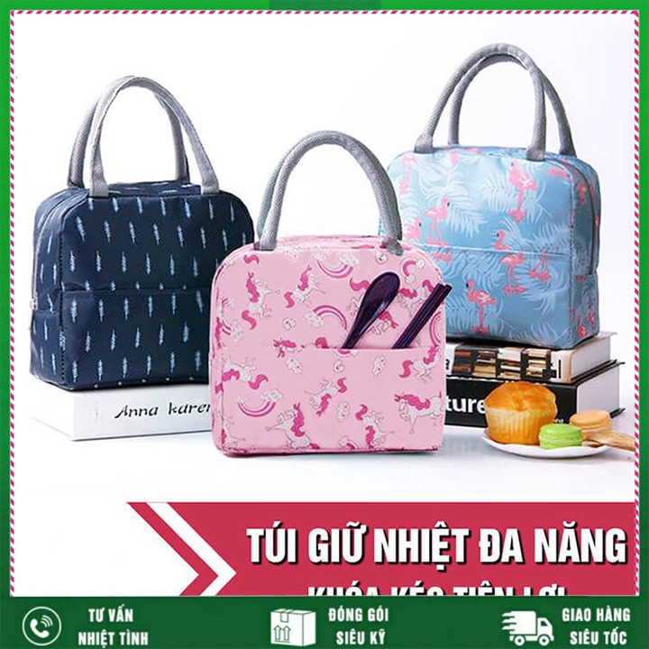 Túi đựng hộp cơm văn phòng giữ nhiệt có khóa kéo họa tiết bắt mắt