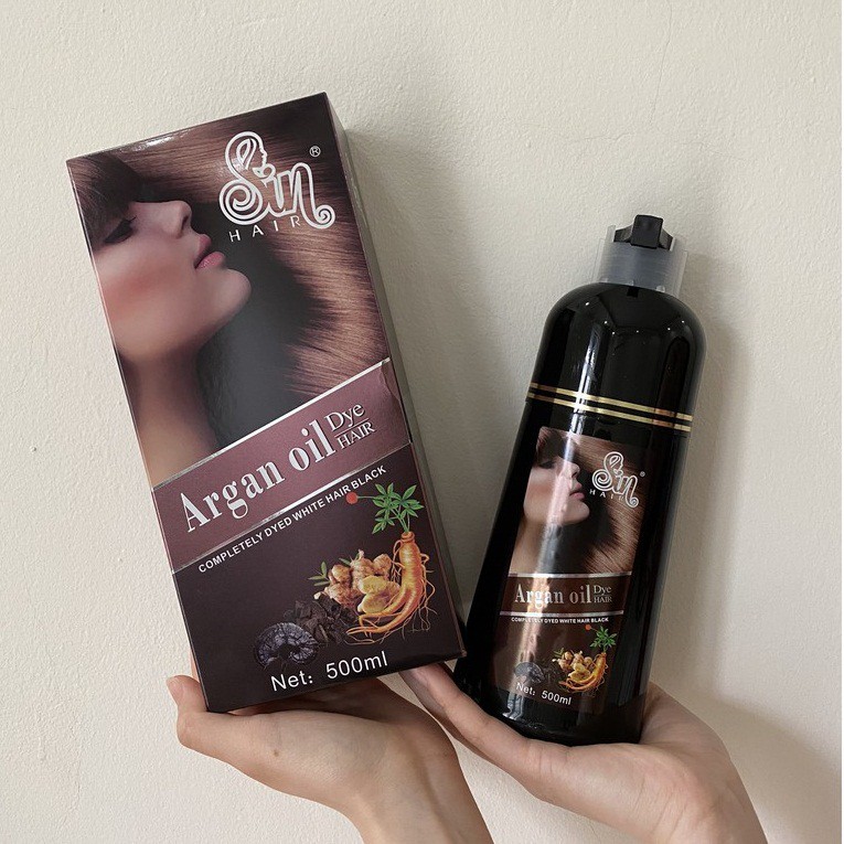 Dầu gội phủ bạc Sin Hair tinh chất nhân sâm nhuộm tóc màu nâu cho tóc bạc sau sinh, do tuổi tác 500ml