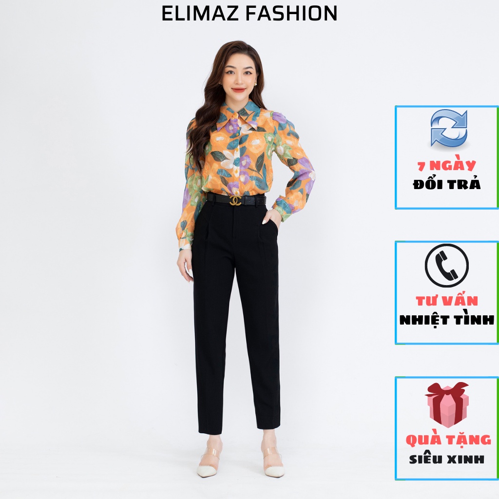 Áo so mi nữ công sở công sở Elimaz cổ nhọn hoa tím nền cam EA21.120