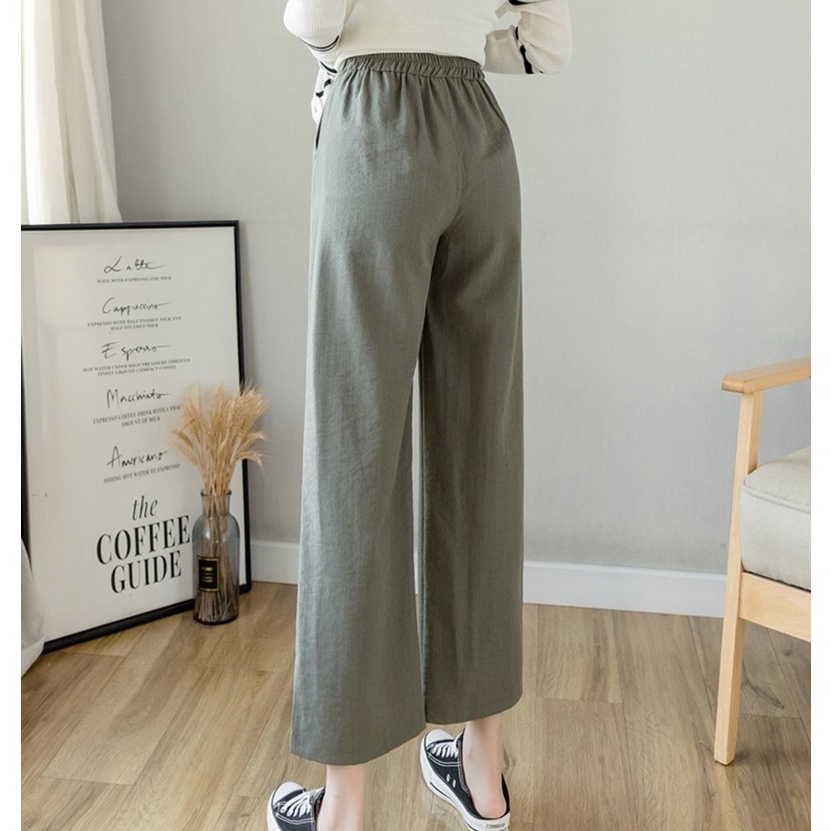 Quần ống rộng lửng lưng thun vải đũi cạp chun khóa kiểu lỡ có túi màu be đen - Quần vải xước mềm mát mặc mùa hè ở nhà