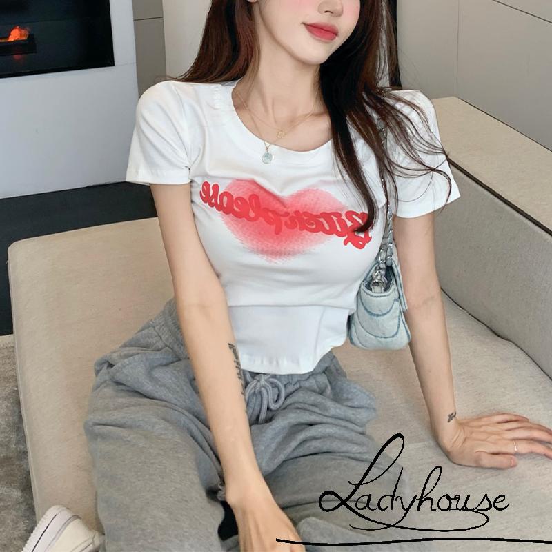Áo Thun Crop Top Tay Ngắn Cổ Tròn In Hình Trái Tim Thời Trang Cho Nữ