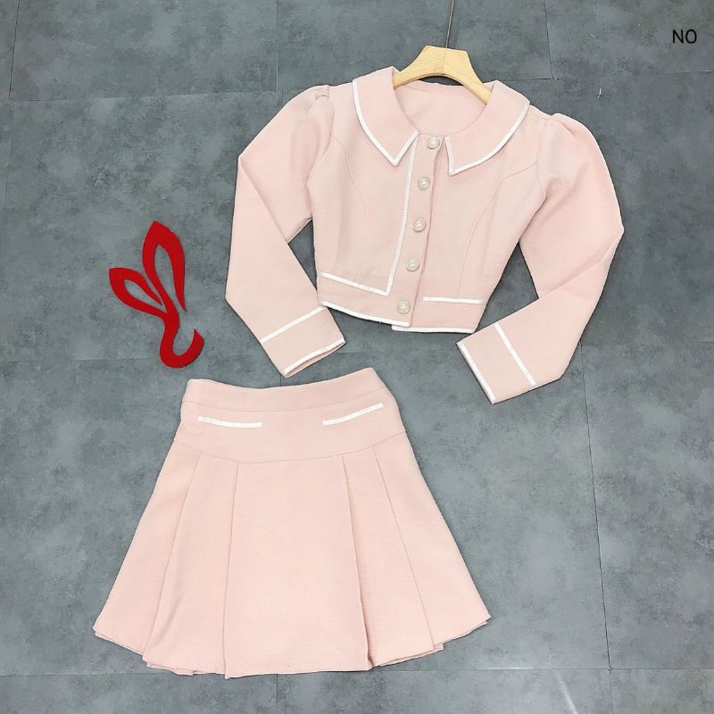 Set bố dạ áo cổ sen tay dài viền + chân váy xếp li