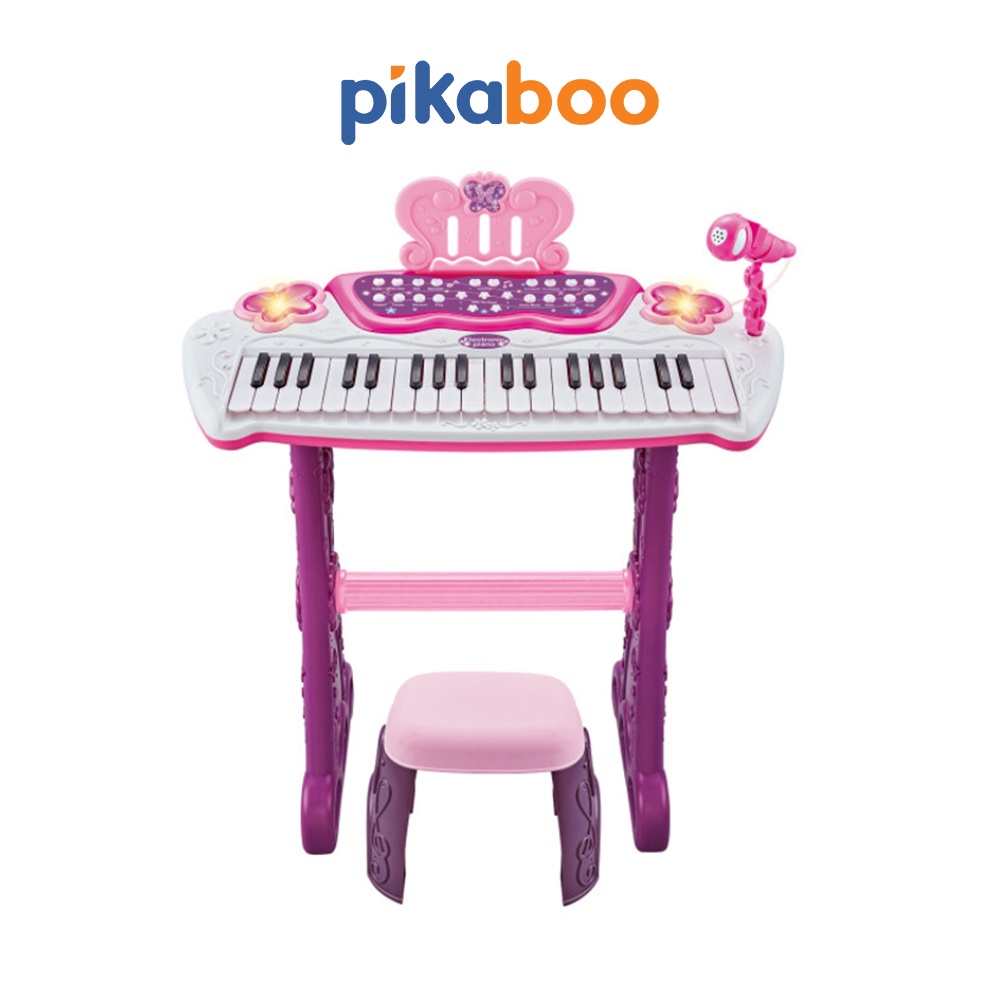 Đồ chơi đàn Piano điện tử màu hồng cao cấp cho bé Pikaboo cỡ to đại chân cao họa tiết cánh bướm có ghế ngồi và micro