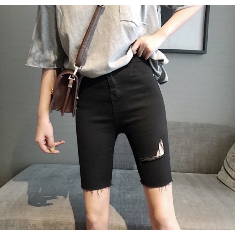 [Bigsizs 32-36] Quần Ngố Jean Đen Rách Kiểu , Short Jean Lưng Cao Co Giãn Mạnh