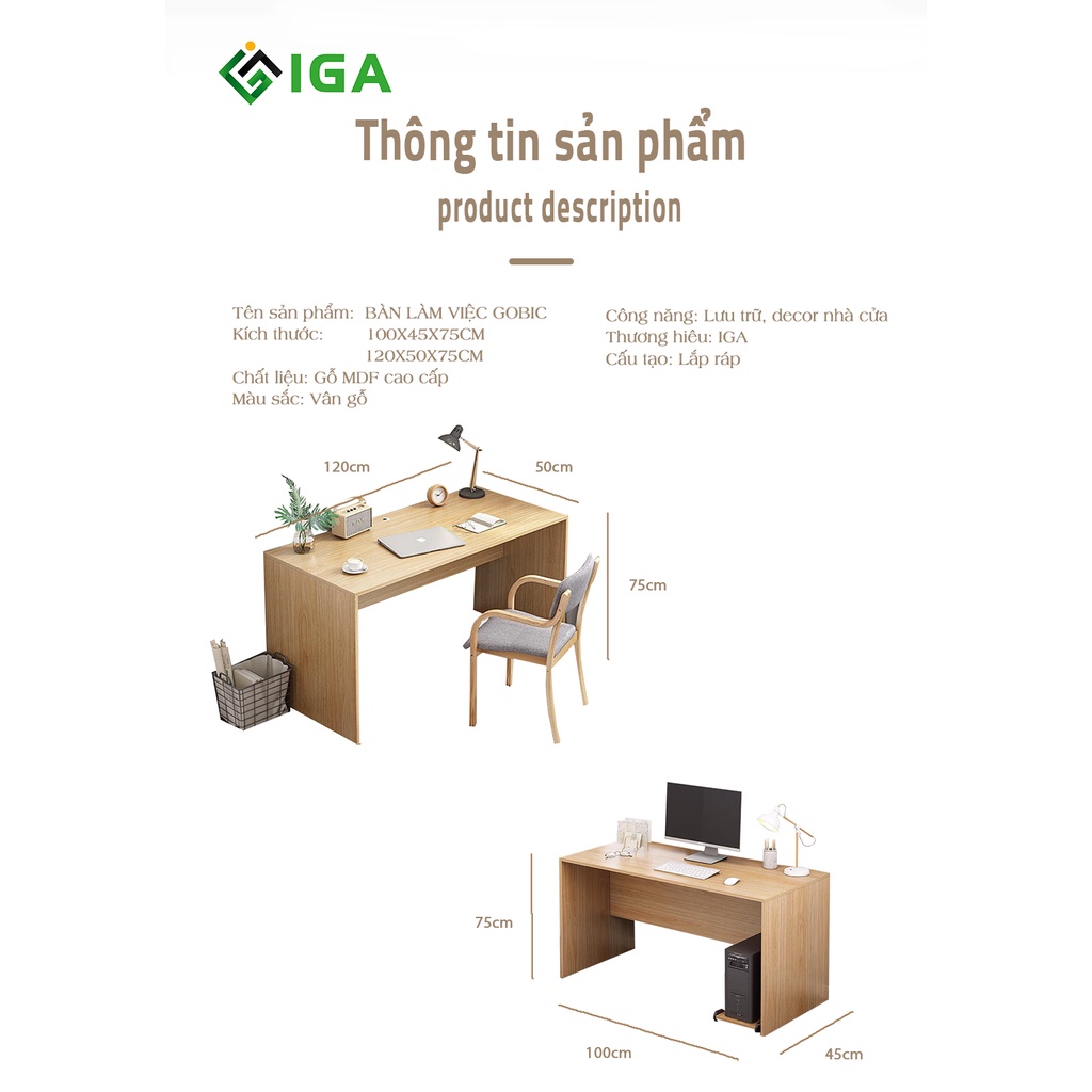 Bàn làm việc, bàn học, bàn máy tính thiết kế hiện đại chính hãng IGA - GP153