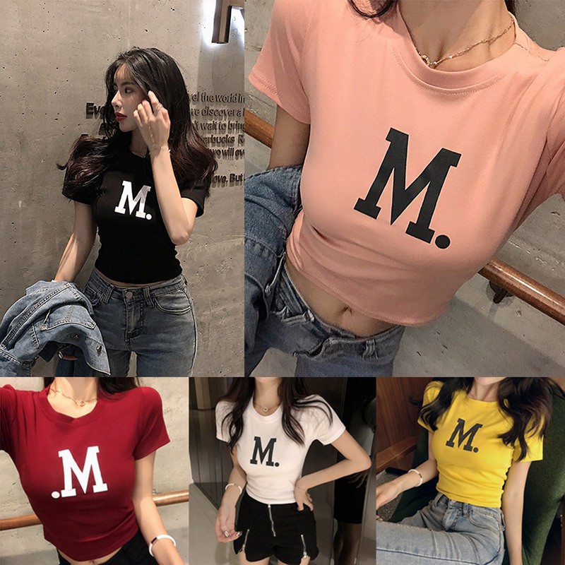 Áo Croptop tay ngắn hoạ tiết chữ in phong cách Hàn Quốc